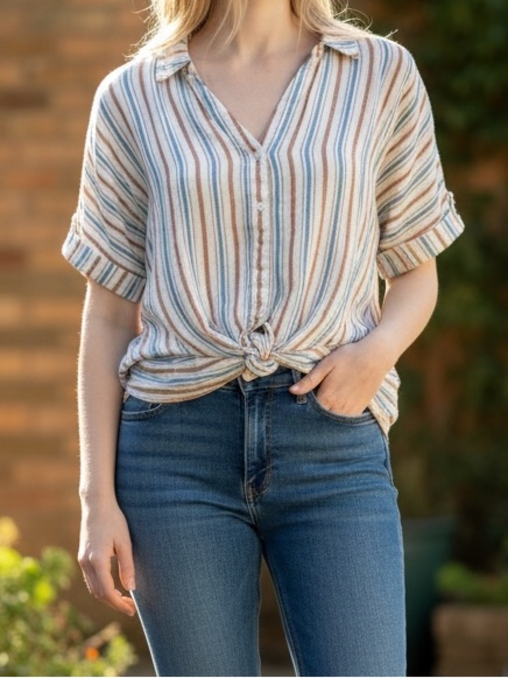 Cato Striped Tie-Front Blouse in Blue, Brown & Cream